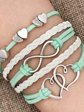 New - Leather Wrap Bracelets Girls Double Hearts Infinity Rope Wristband‎